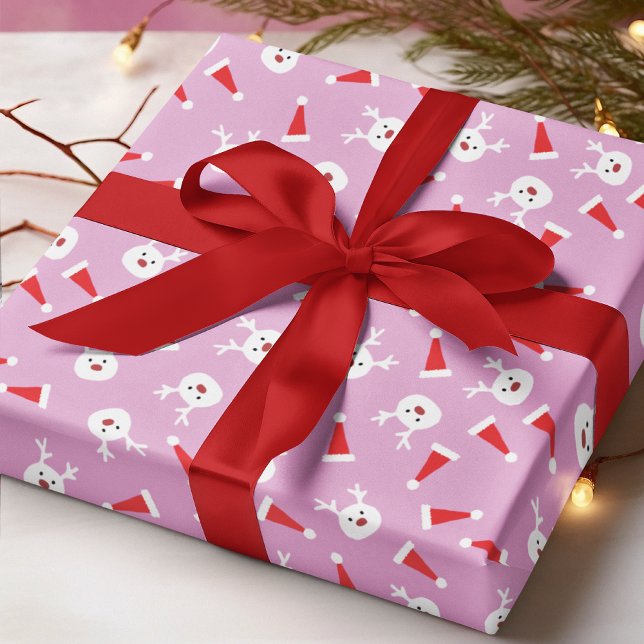 Papel De Regalo Cute Reindeer Santa Hat Modern Christmas Pattern (Subido por el creador)