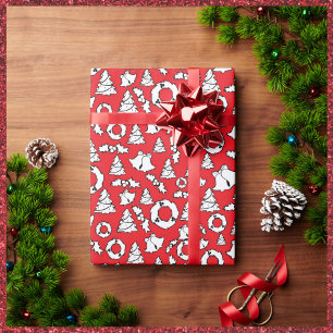 Papel De Regalo Cute Rojo Blanco Negro Árboles navideños coronas