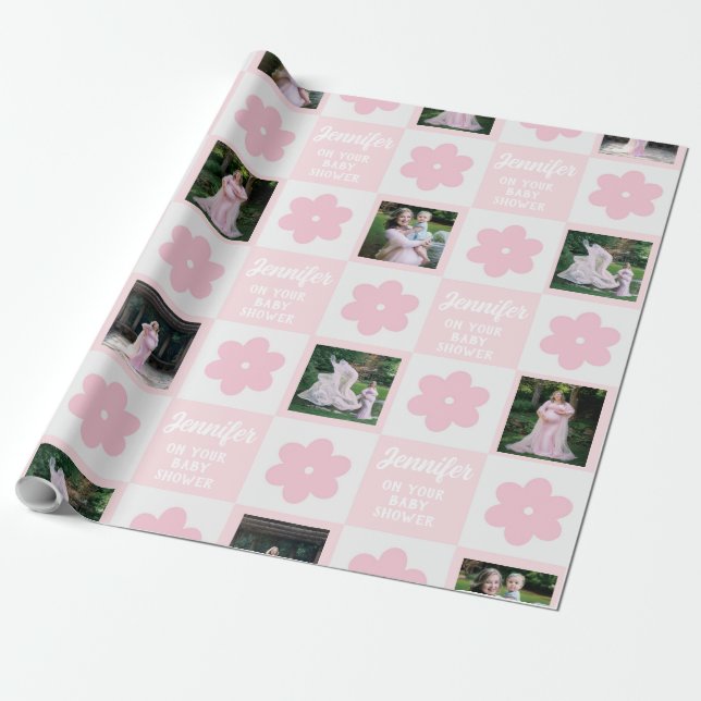 Papel De Regalo Cute rosa Daisy Checkerboard Foto Baby Shower (Desenrollado)