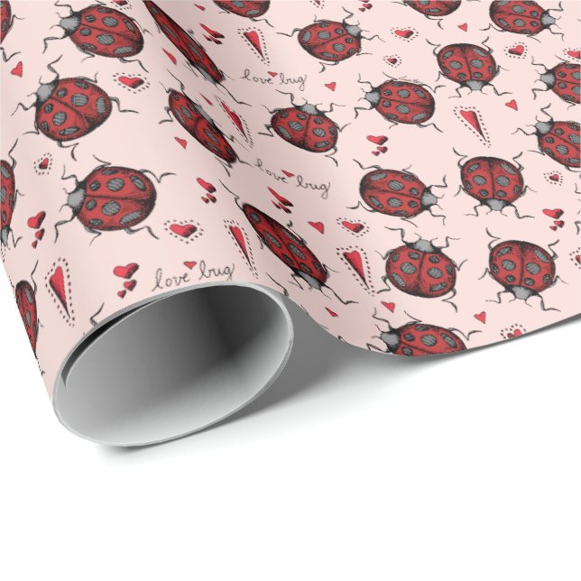 Papel De Regalo Cute Rubor Pink Ladybug Love Bug & Red Heart Kids (Esquina del rollo)
