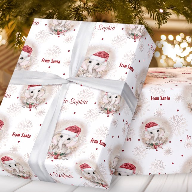 Papel De Regalo Cute Santa Elefante Red Chica Blanco Navidades (Cute Santa Elephant Red White Girl Name Christmas Wrapping Paper)