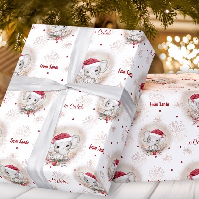 Papel De Regalo Cute Santa Elephant Red White Boy Nombre Navidades (Cute Santa Elephant Red White Boy Name Christmas Wrapping Paper)
