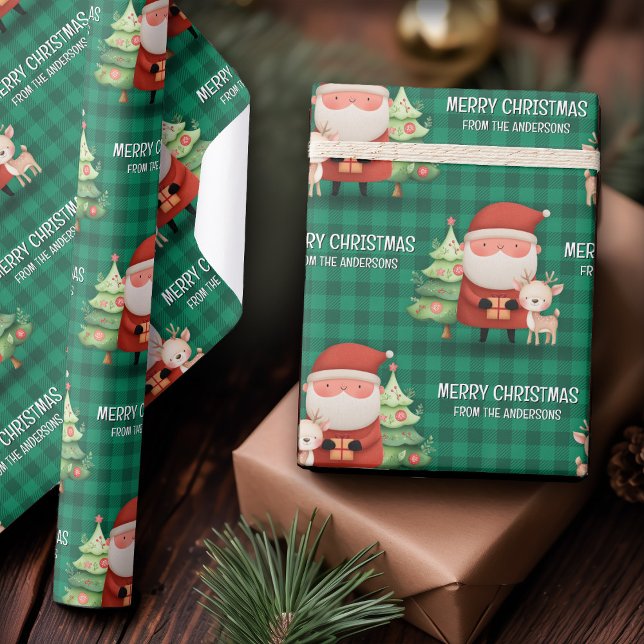 Papel De Regalo Cute Santa Reindeer Merry Christmas Name Green (Cute Santa Reindeer Merry Christmas Name Green Wrapping Paper)