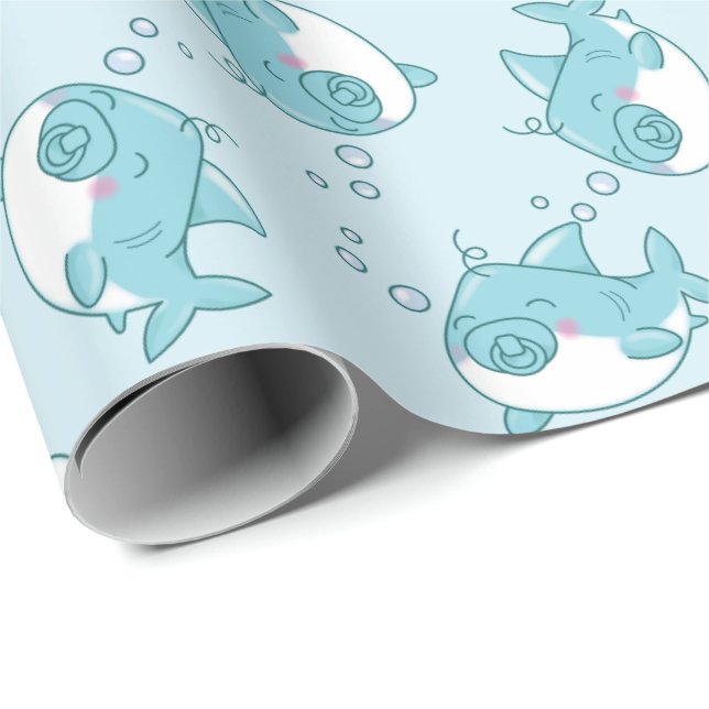 Papel De Regalo Cute Shark Baby Shower Kawaii Blue Boy (Esquina del rollo)