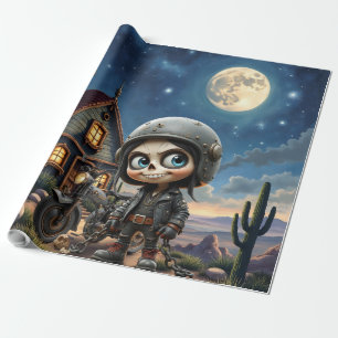 Papel De Regalo Cute Skull Biker Paseo bajo la luz de la luna po