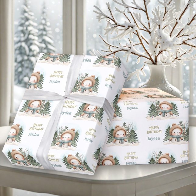 Papel De Regalo Cute Snowman Winter Birthday Boy Nombre (Cute Snowman Winter Birthday Boy Name Wrapping Paper)