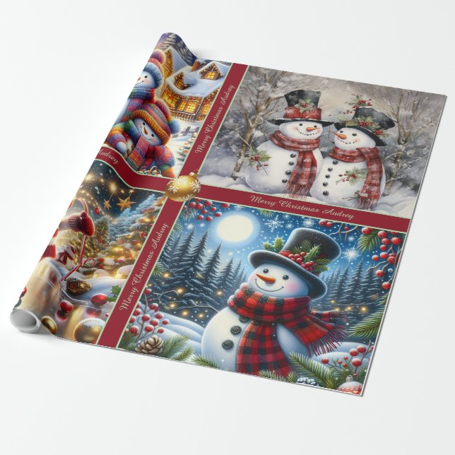 Papel De Regalo Cute Snowmen Christmas Wrapping Paper with Text (Desenrollado)