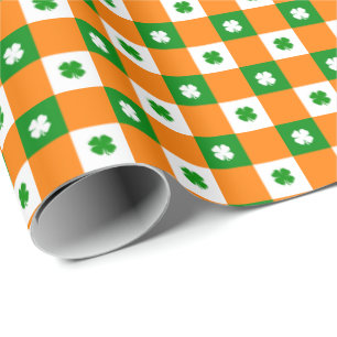 Papel De Regalo Cute St Patrick's Lucky Clover Green Naranja Plaid