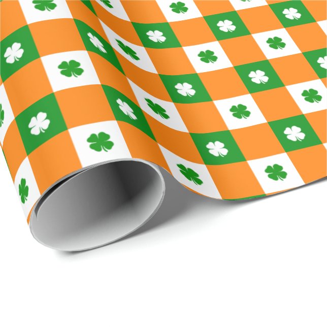 Papel De Regalo Cute St Patrick's Lucky Clover Green Naranja Plaid (Esquina del rollo)