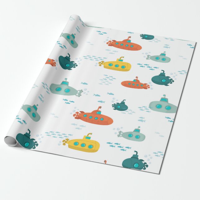 Papel De Regalo Cute Submarine Nautical Deep Sea Fish Pattern (Desenrollado)