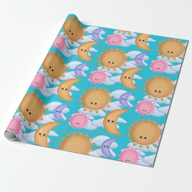 Papel De Regalo Cute Sun Moon and Cloud Pattern Wrapping Paper (Desenrollado)