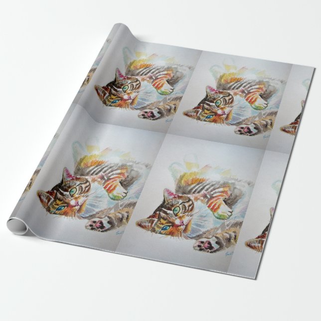 Papel De Regalo Cute Tabby Cat Jugando Arte Acuarela Acondicionami (Desenrollado)