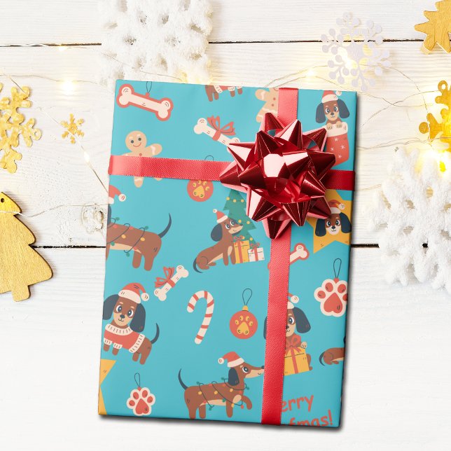 Papel De Regalo Cute Teal Christmas Dachshund Merry Woofmas (Cute festive Dachshund wrapping paper in teal, perfect for Dachshund dog lovers and the pups too!)