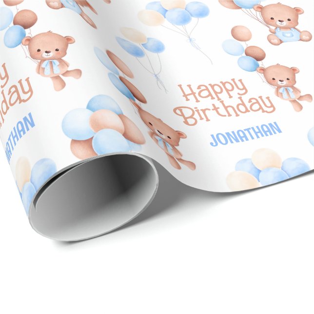 Papel De Regalo Cute Teddy Bear Balloon Kids Cumpleaños (Esquina del rollo)