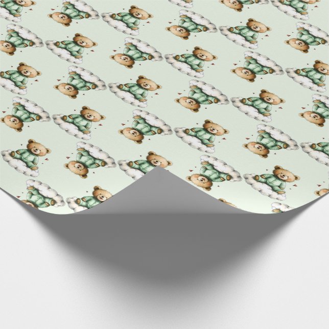 Papel De Regalo Cute Teddy Bear on a Cloud Green PJs (Esquina)