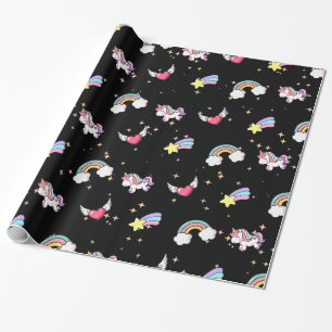 Papel De Regalo Cute Unicornio de Arcoíris Mágico Estrella Negro