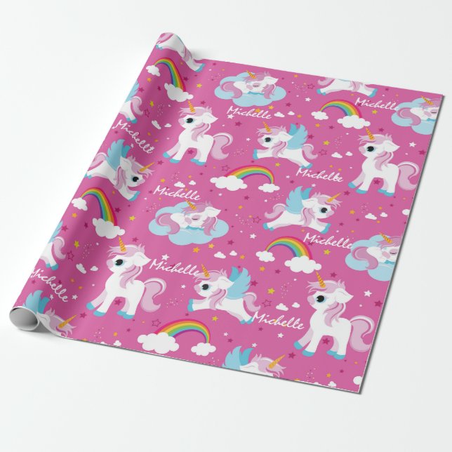 Papel De Regalo Cute unicornio Feliz cumpleaños chica rosa (Desenrollado)