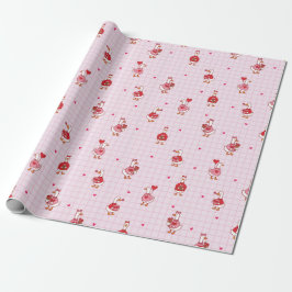 Papel De Regalo Cute Valentine Goose Pattern Hearts Pink Grid