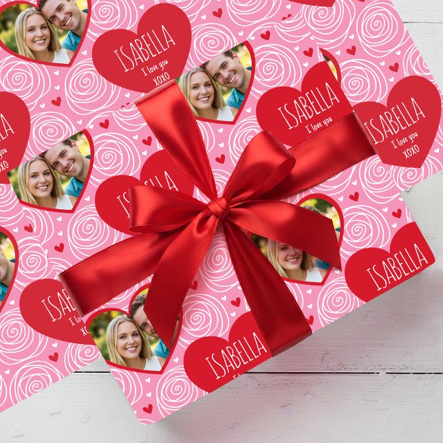 Papel De Regalo Cute Valentine's Day Photo Name Hearts & Roses (Subido por el creador)