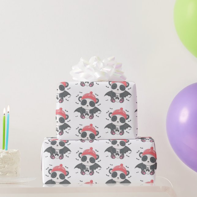 Papel De Regalo Cute Vampire Panda Murciélagos Fantasma Blanco Hal (Regalos de fiesta)