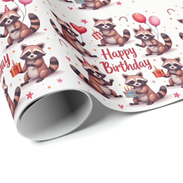Papel De Regalo Cute Watercolor Brown Raccoon Birthday Scene - (Esquina del rollo)
