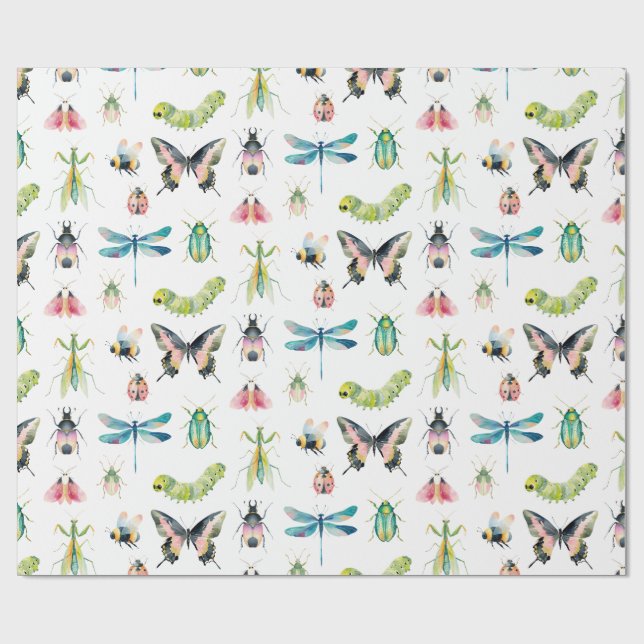 Papel De Regalo Cute Watercolor Bugs & Insects Girl Birthday (Superficie plana)
