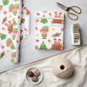 Papel De Regalo Cute Watercolor Elf Santa Holly Berries Navidad