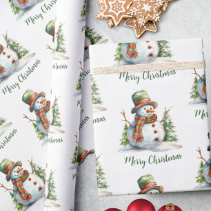 Papel De Regalo Cute Watercolor Moderno Navidades de Snowman Rojo 