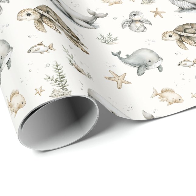 Papel De Regalo Cute Watercolour Ocean Baby Animals  (Esquina del rollo)