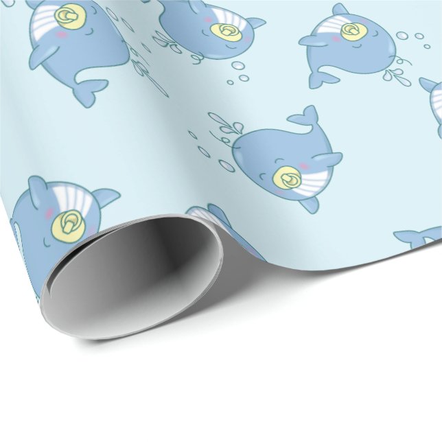 Papel De Regalo Cute Whale Baby Shower Kawaii (Esquina del rollo)
