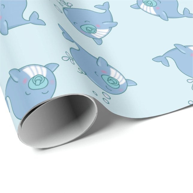 Papel De Regalo Cute Whale Baby Shower Kawaii Boy Blue (Esquina del rollo)