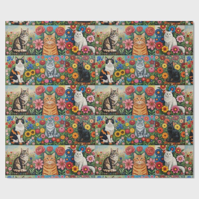 Papel De Regalo Cute Whimsical Cats and Folk Art Flowers (Superficie plana)