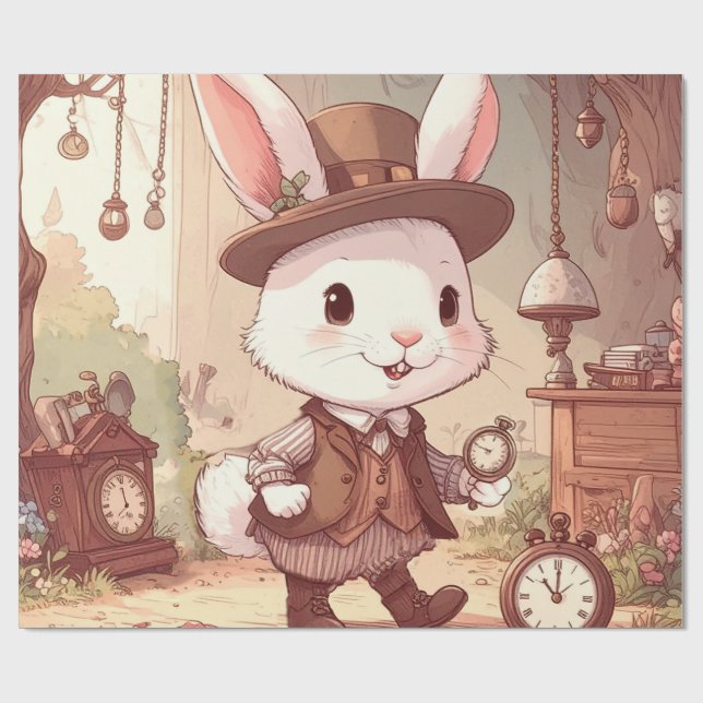 Papel De Regalo Cute White Rabbit Wonderland Whimsical Timekeeper (Superficie plana)