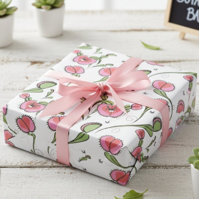 Papel De Regalo Cute White Venus Flytrampa aferrado a tu amor (Cute Botanical Venus Flytrap Plants Whimsical Kids Wrapping Paper for Valentine's Day & Birthday)