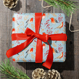 Papel De Regalo Cute winter blue & red robin birds and berries