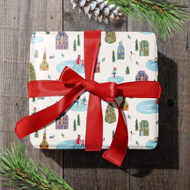 Papel De Regalo Cute Winter House Village Navidades de escena (Cute Winter House Village Scene Christmas Wrapping Paper)