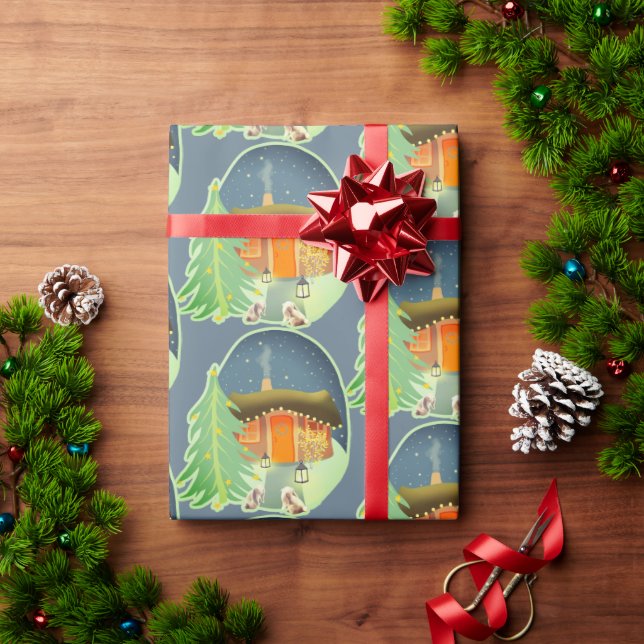 Papel De Regalo Cute Winter Night Cottage Scene (Regalo de vacaciones)
