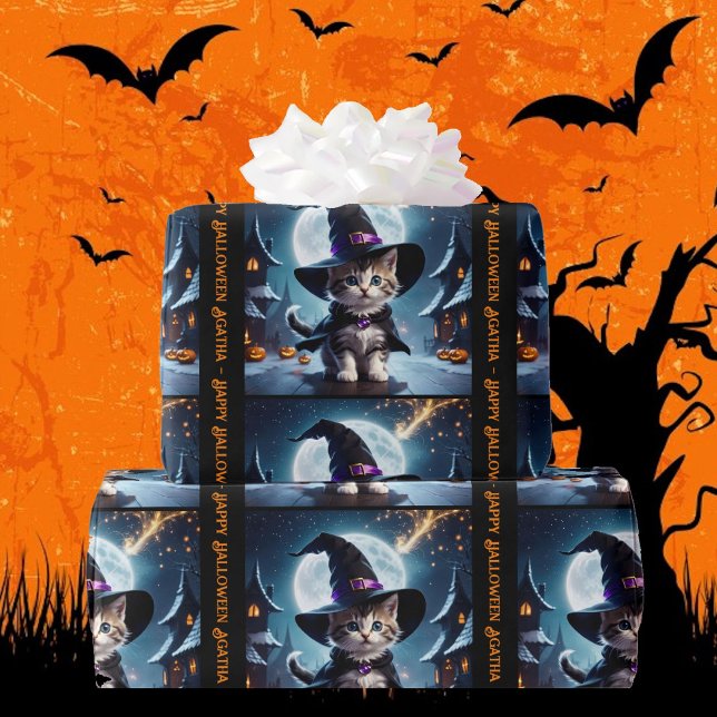 Papel De Regalo Cute Witch Kitten Halloween Añadir nombre de Chica (30 inches wide)