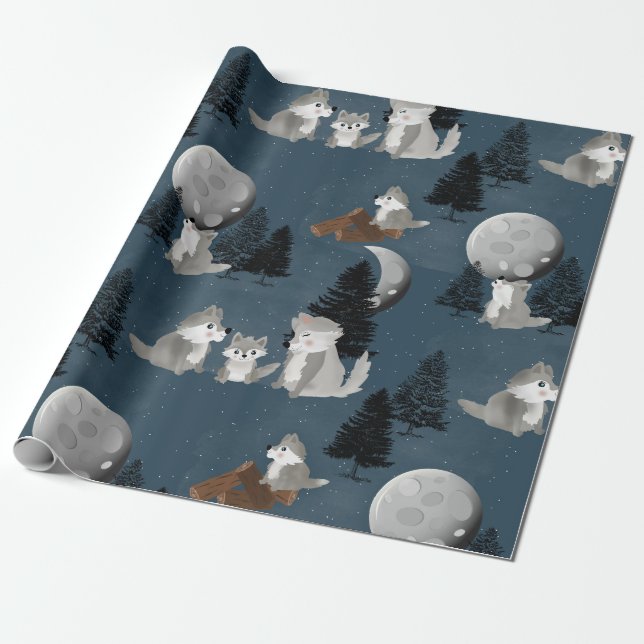 Papel De Regalo Cute Wolf Pack Woodland Night Sky Moon (Desenrollado)
