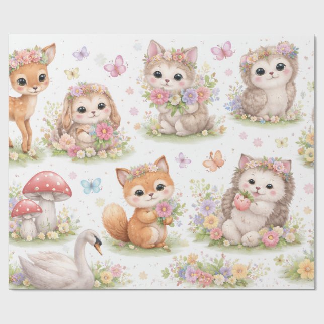 Papel De Regalo Cute Woodland Baby Animals Floral Wrapping Paper (Superficie plana)