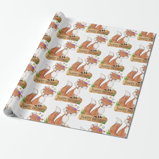 Papel De Regalo Cute Woodland Fox Happy Birday Pattern (Desenrollado)
