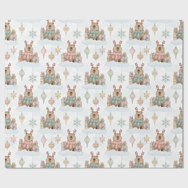 Papel De Regalo Cute Woodland Reindeer Capybara Christmas  (Superficie plana)