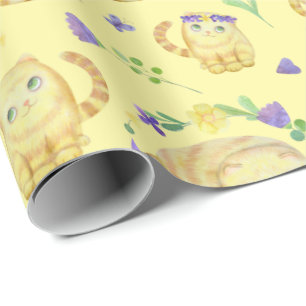 Papel De Regalo Cuto acuarela gatos y flores patrón amarillo