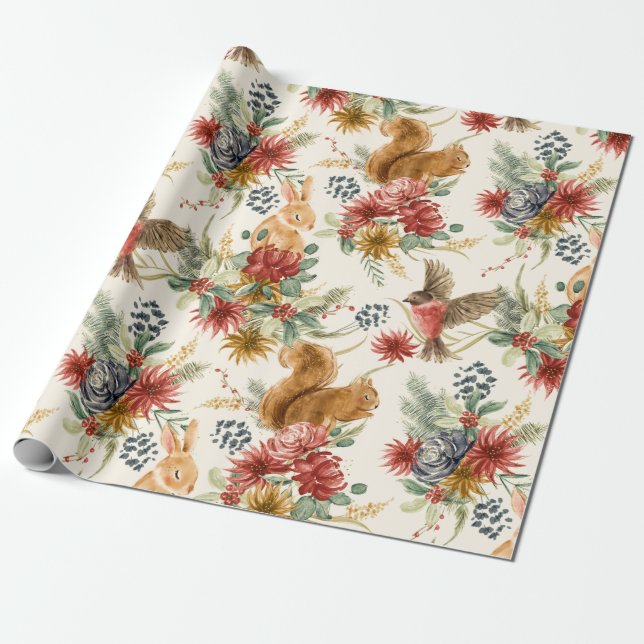 Papel De Regalo Cuto acuarela Woodland Animales Patrón Floral (Desenrollado)