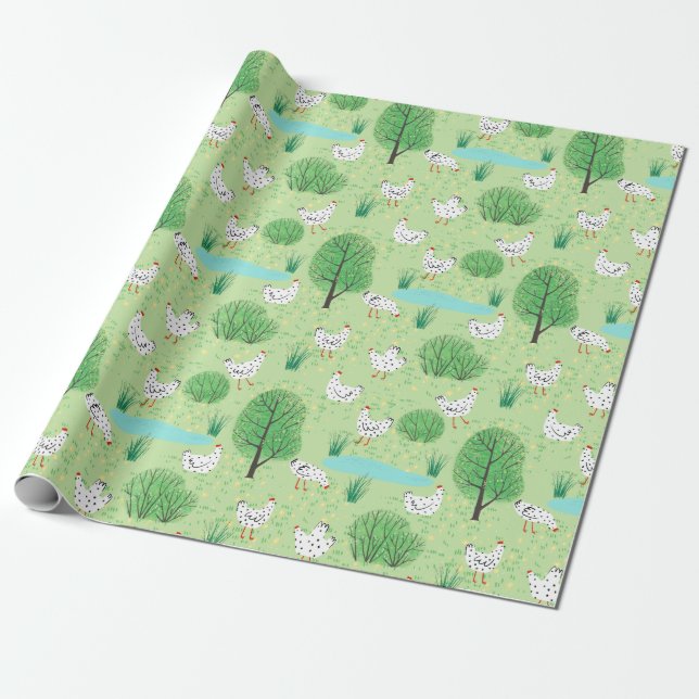 Papel De Regalo Cuto y caprichoso pollo prado Green Field Hens (Desenrollado)