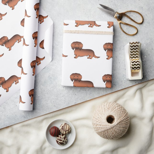 Papel De Regalo Dachshund Cartoon de pelo largo color sable rojo (Artesanía)