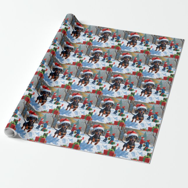 Papel De Regalo Dachshund corre en nieve con Gorra Navidad (Desenrollado)