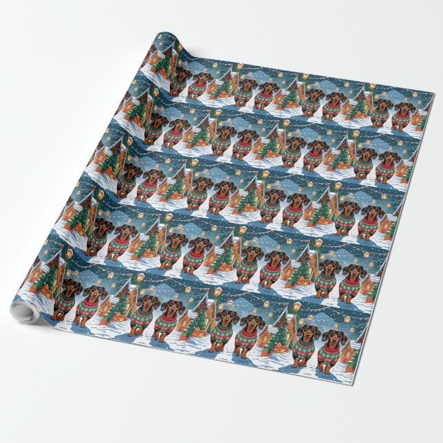 Papel De Regalo Dachshund Dogs Christmas Snow Holiday (Desenrollado)