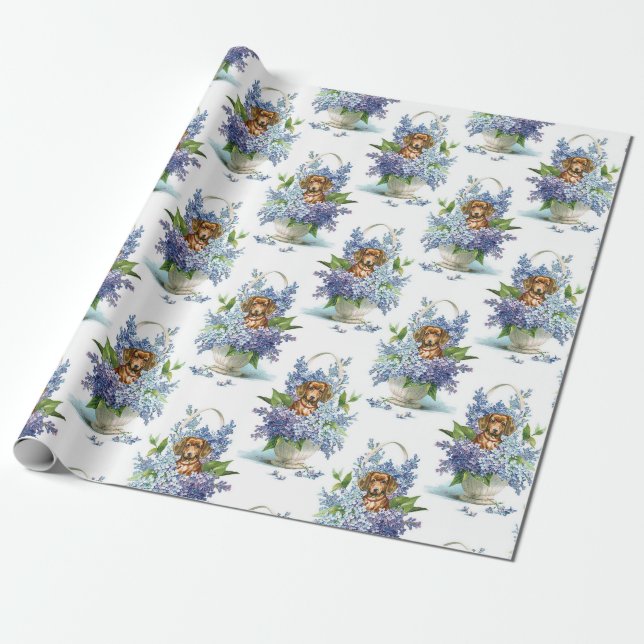 Papel De Regalo Dachshund floral en Lilacs (Desenrollado)