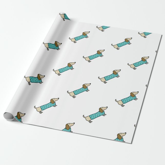 Papel De Regalo Dachshund lindo en azul de la menta (Desenrollado)